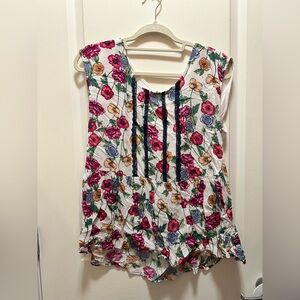 Floral Sleeveless Women's Top - White with Pink & Multicolor Flowers Large